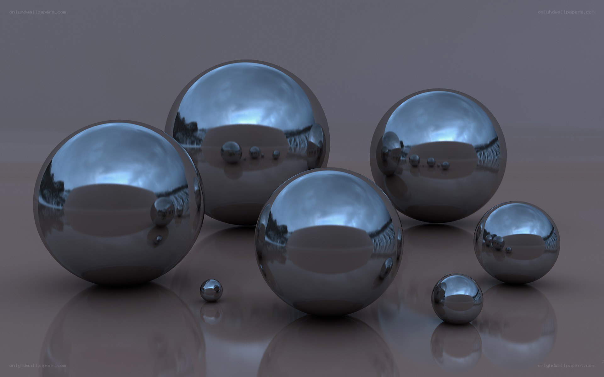 Shiny metal spheres on reflective surface