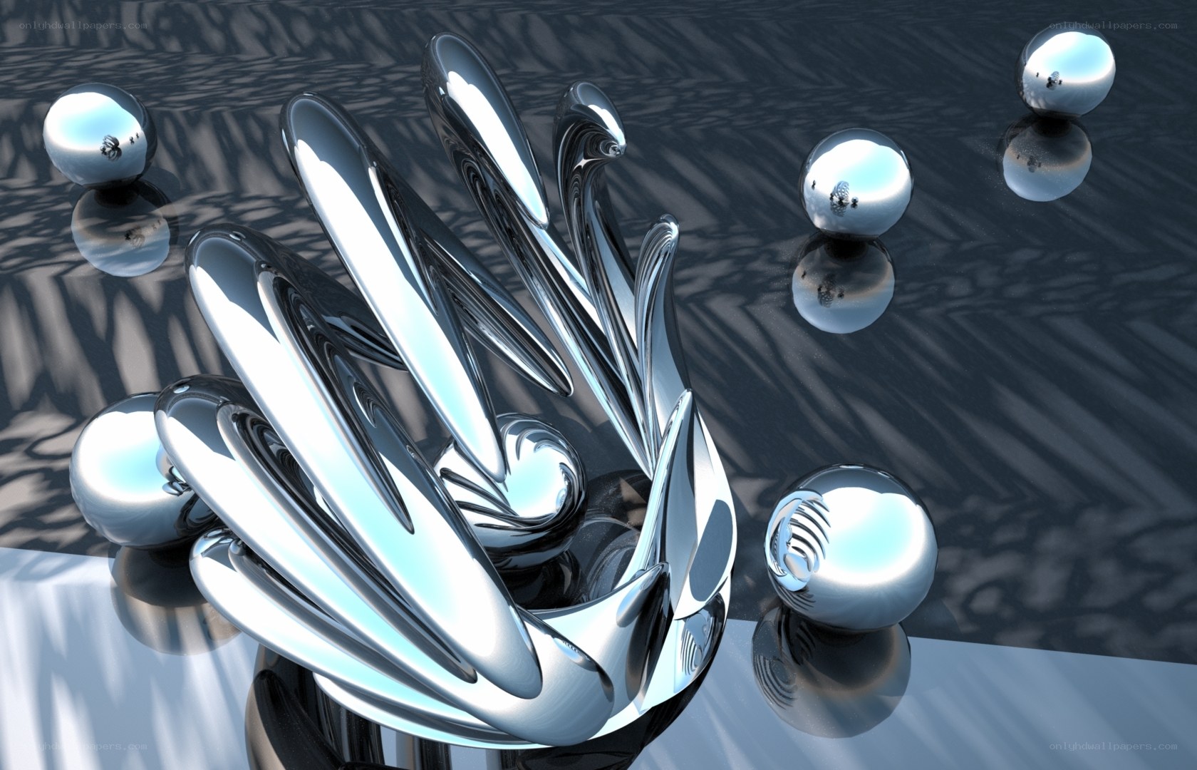 Shiny metallic sculpture with spheres