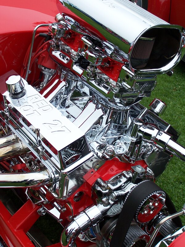 Shiny red hot rod engine