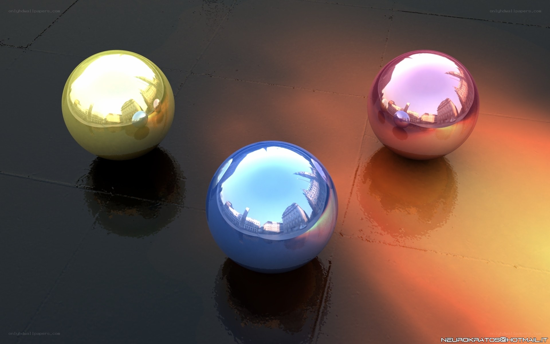 Shiny reflective spheres on wet surface