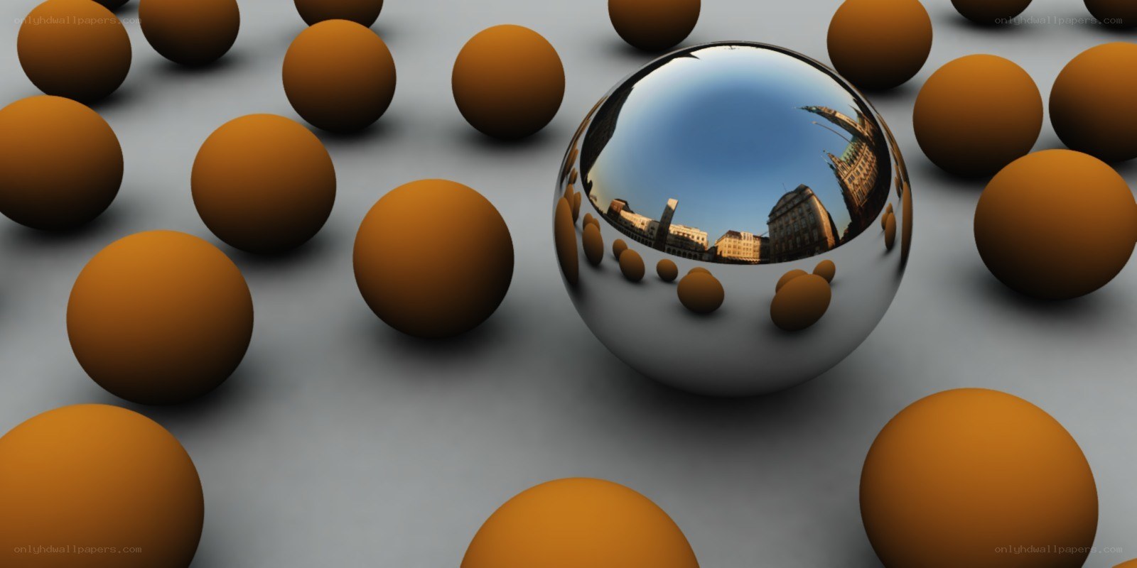 Shiny sphere among brown spheres