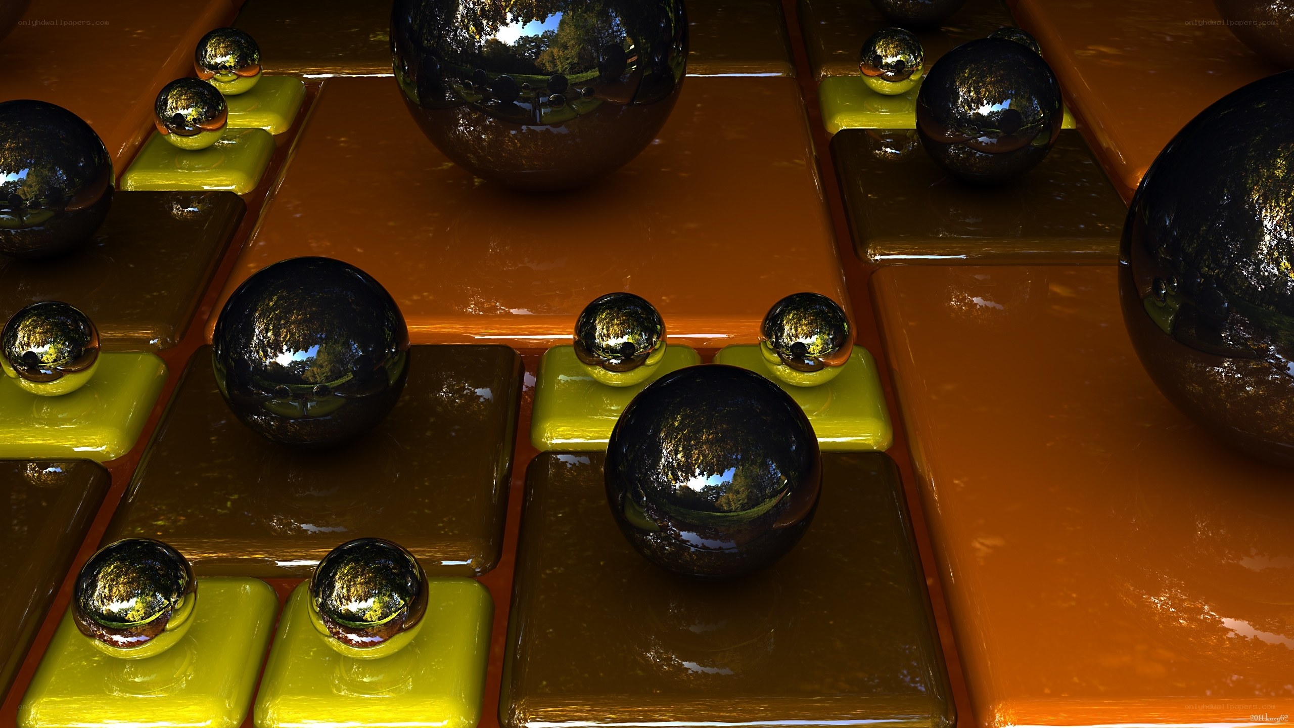Shiny spheres on colored tiles