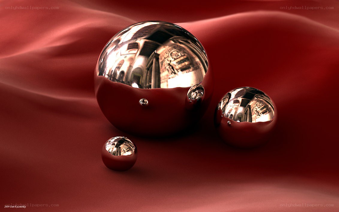 Shiny spheres on red fabric