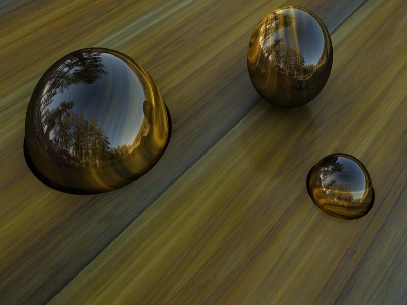 Shiny spheres on wood