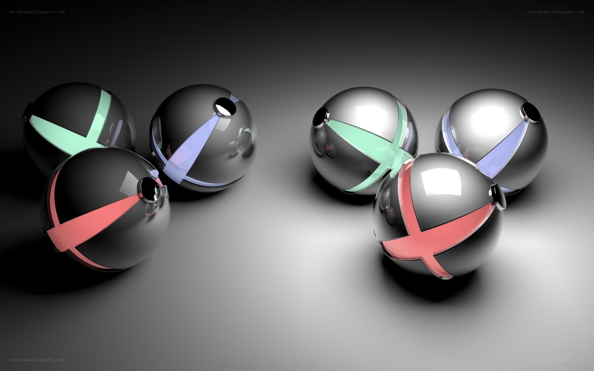 shiny spheres with colored X's