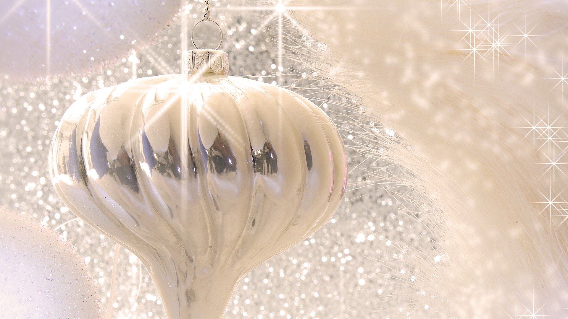 Shiny white ornament with feathers