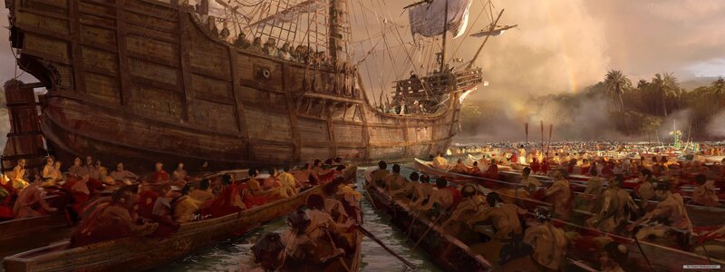 Ship and Canoes at Shore
