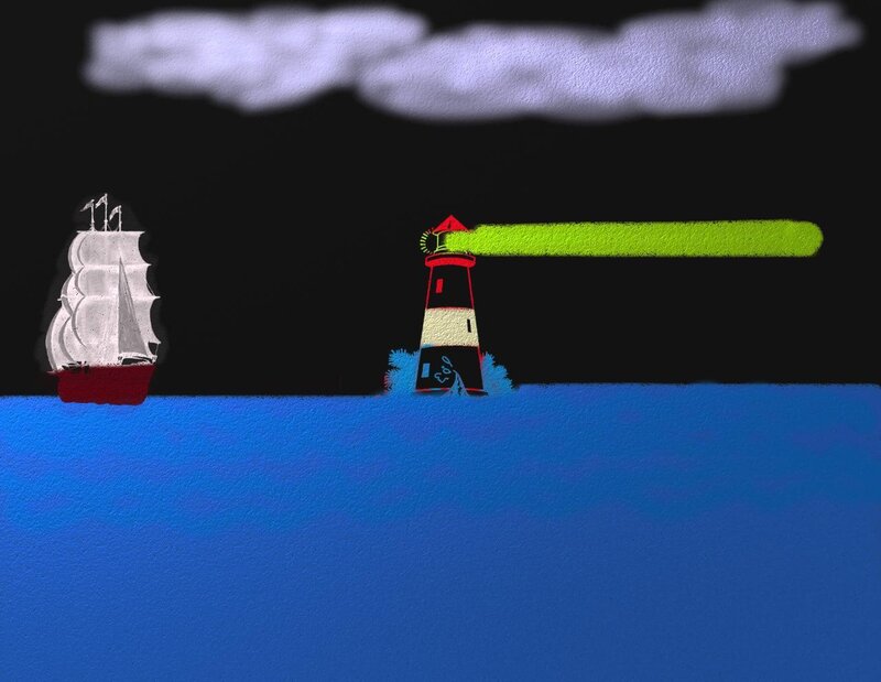 ship and lighthouse at night