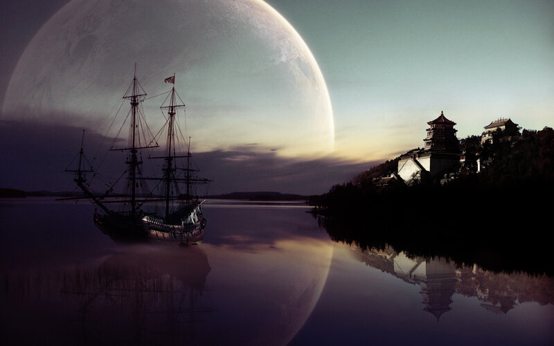 ship and moon fantasy scene