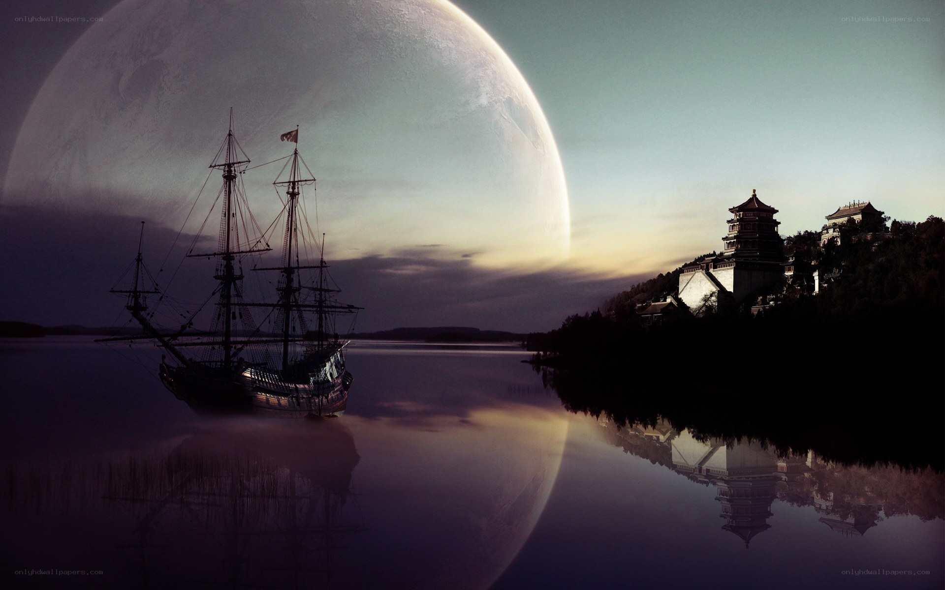 ship and moon fantasy scene