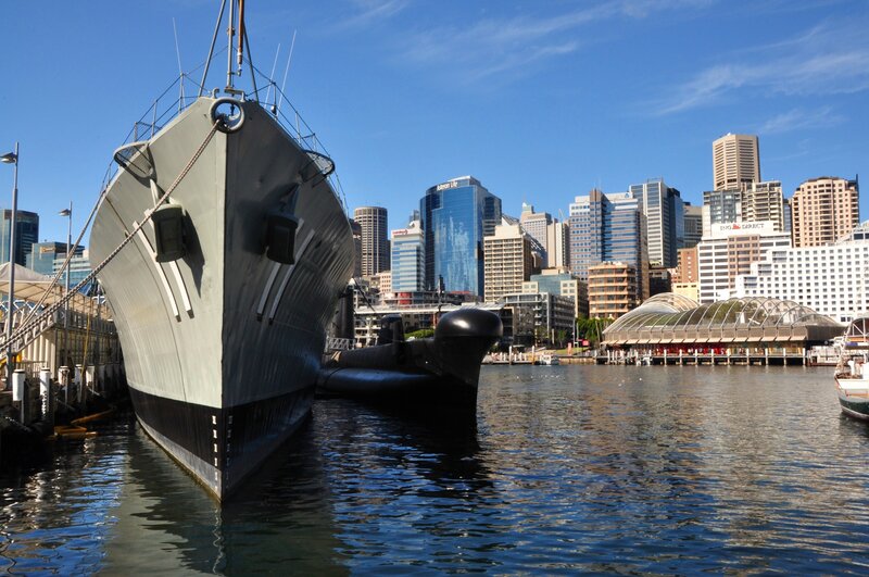 Ship and Submarine in Harbor