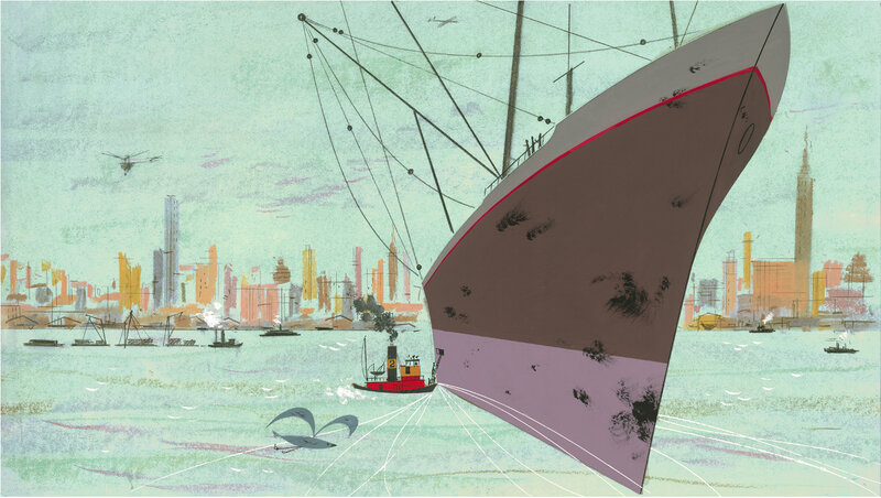 ship approaching city harbor