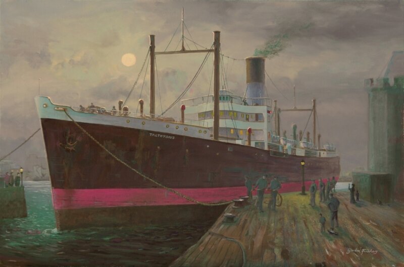 Ship at dock under moonlight