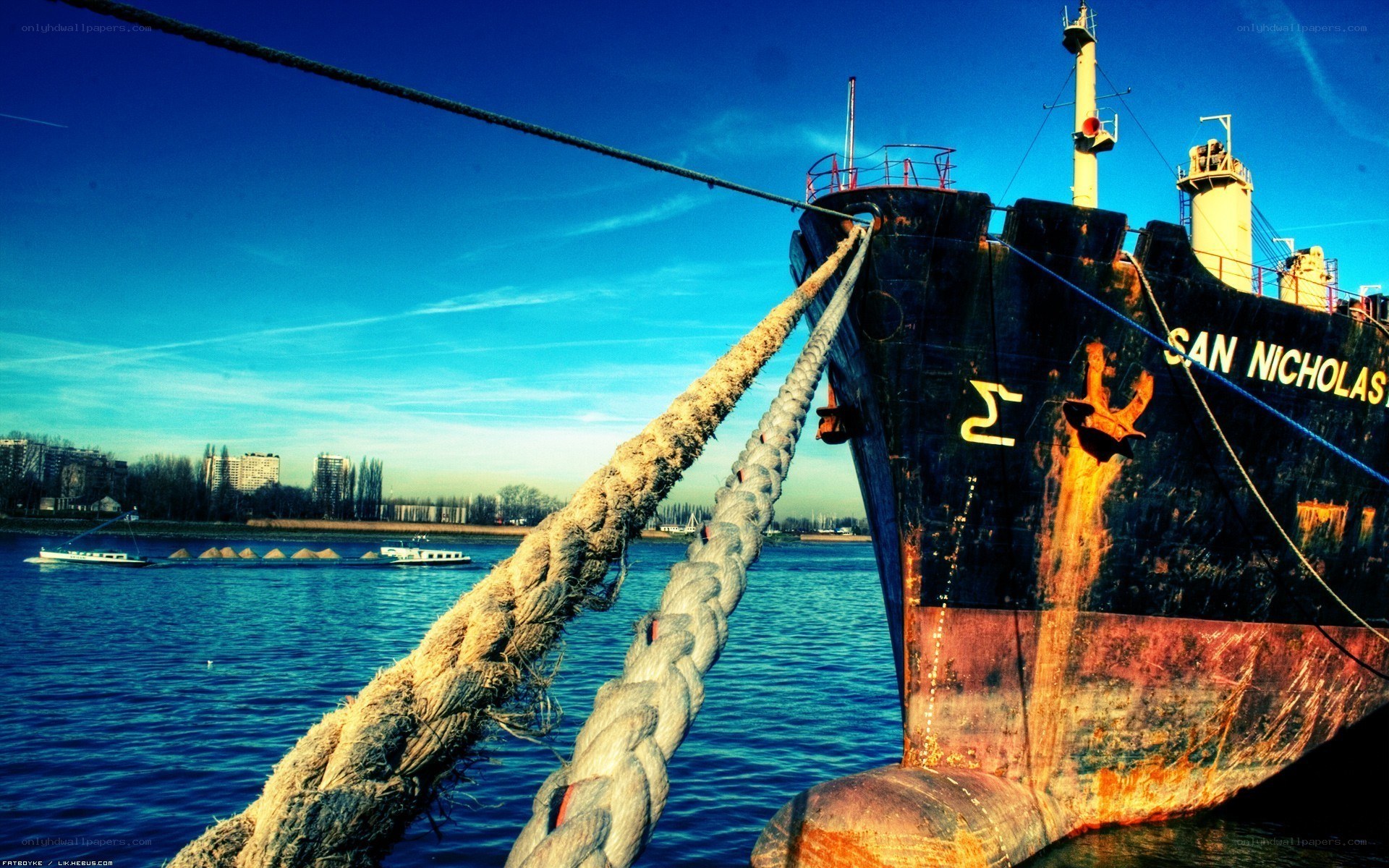 Ship at dock with thick ropes