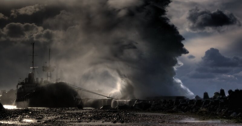 Ship at port during storm