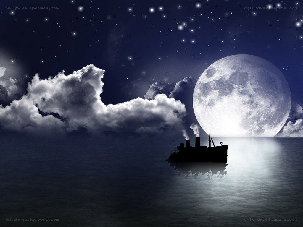 Ship at sea under full moon