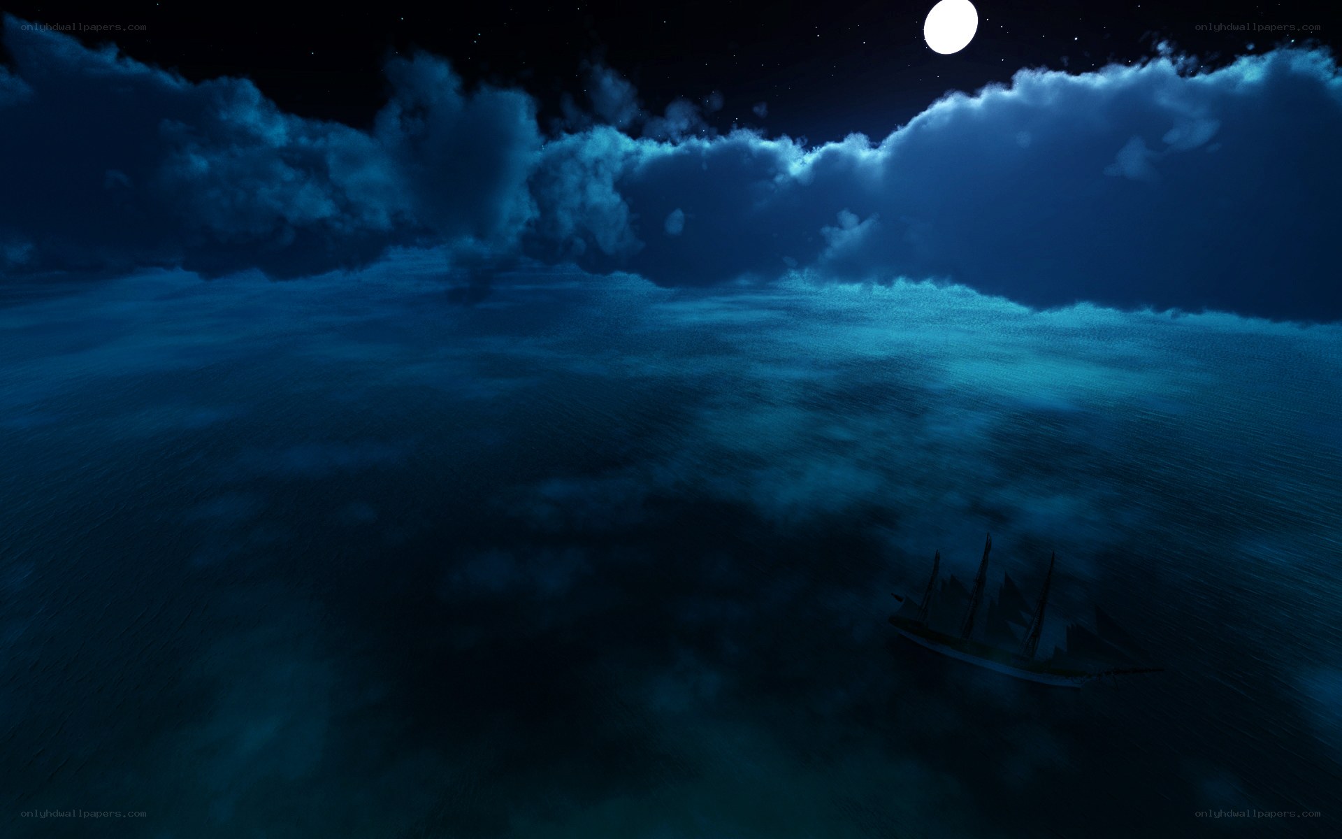 ship at sea under moonlight