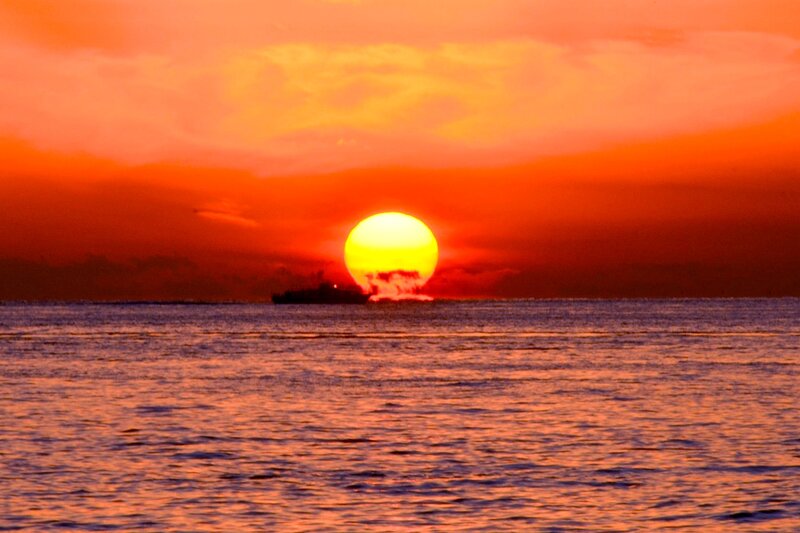 Ship at Sunset — Orange, Dramatic, Photograph, Sun