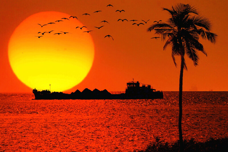 Ship at Sunset — Orange, Dramatic