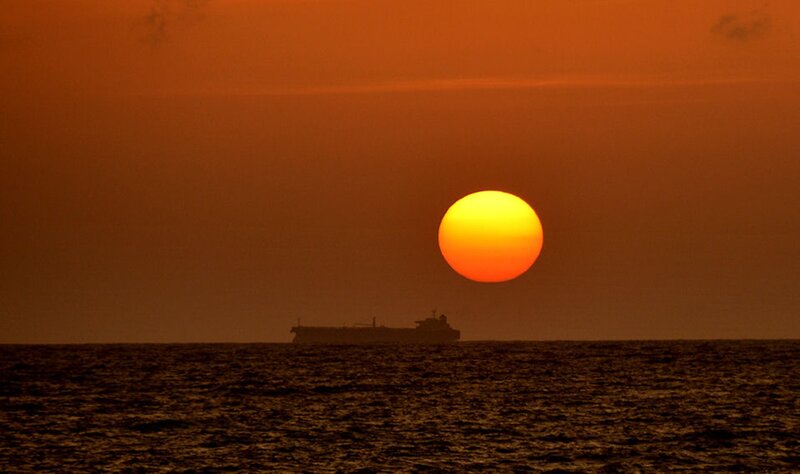 Ship at Sunset — Orange, Serene, Photograph, Sun, Ocean