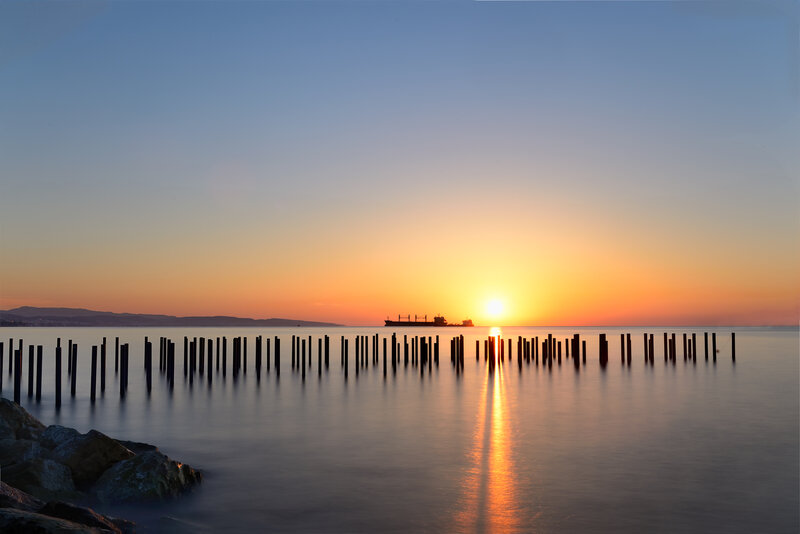 Ship at Sunset — Orange, Serene, Photograph, Sun