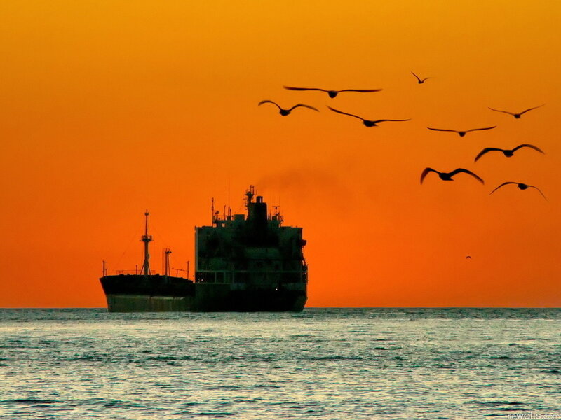 Ship at Sunset — Orange, Serene