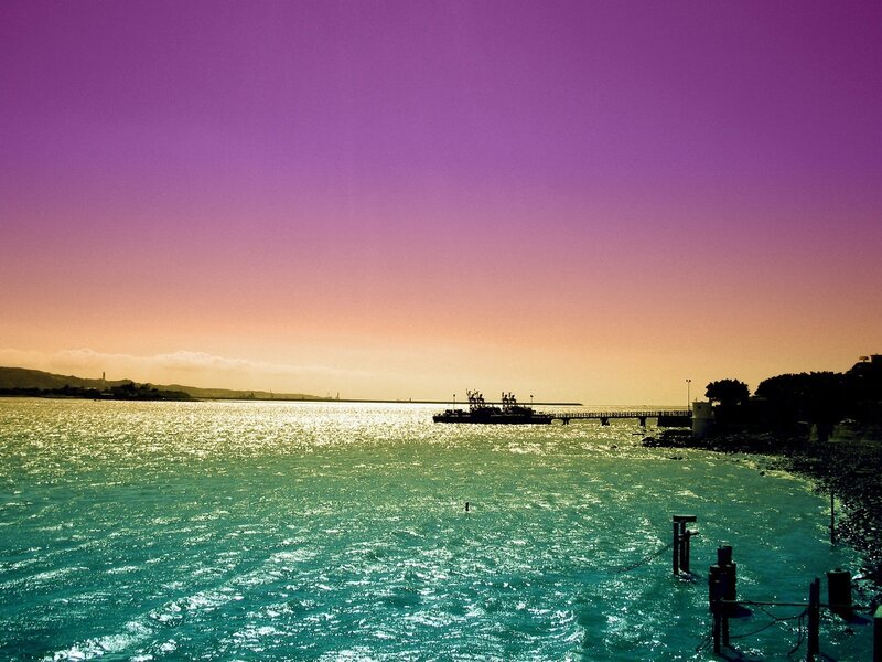 Ship at Sunset — Purple, Serene