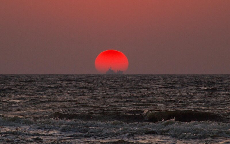 Ship at Sunset — Red, Dramatic, Photograph, Sun, Ocean