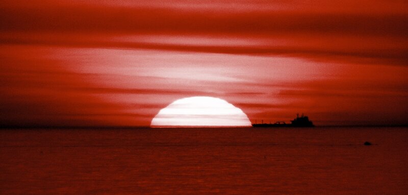 Ship at Sunset — Red, Dramatic, Photograph, Sun