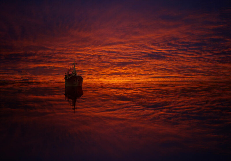 Ship at Sunset — Red, Dramatic