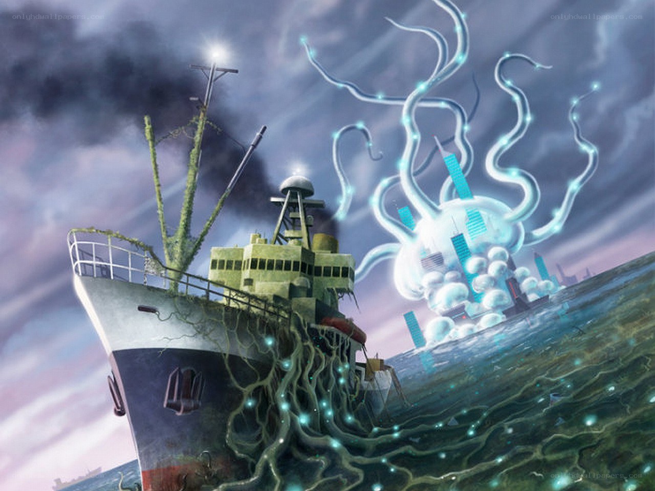 ship attacked by sea monster