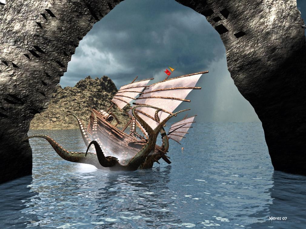 Ship attacked by sea monster