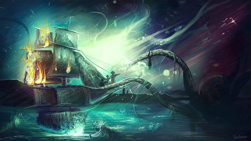 Ship Attacked by Sea Monster — Teal