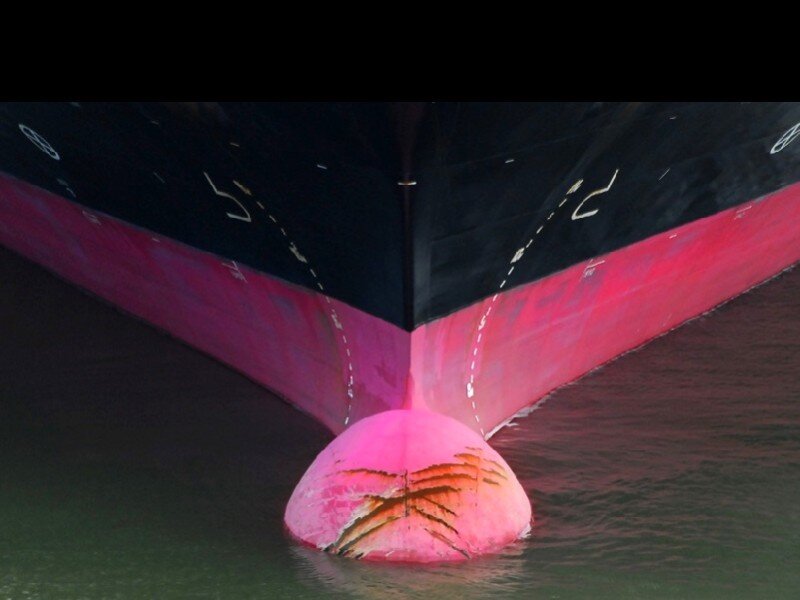 ship bow with pink hull