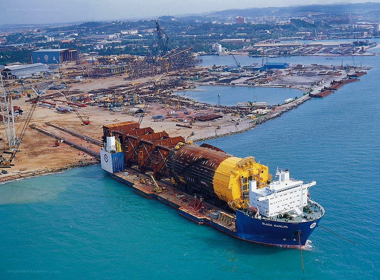 Ship carrying large cargo at port