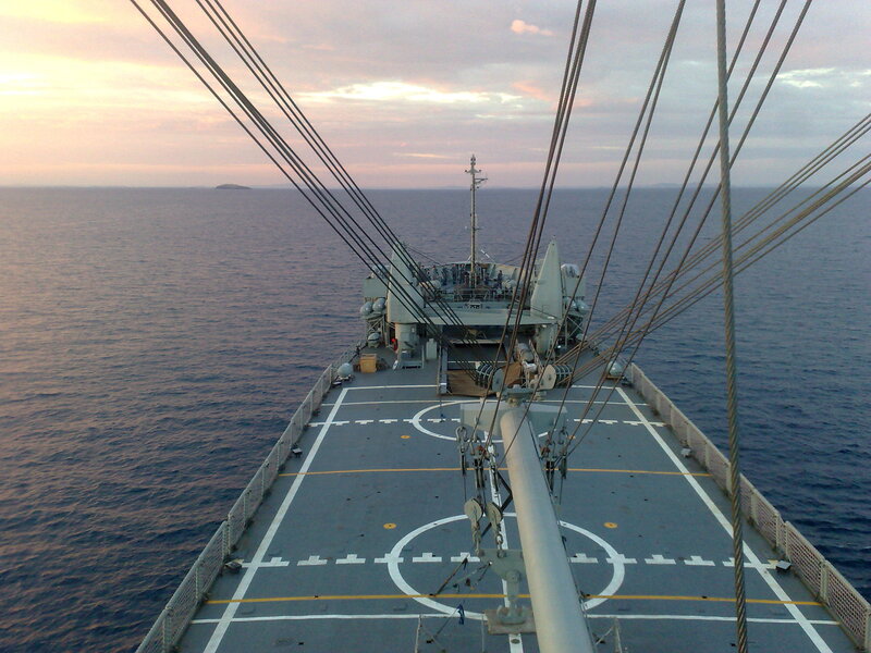 ship deck at sunset
