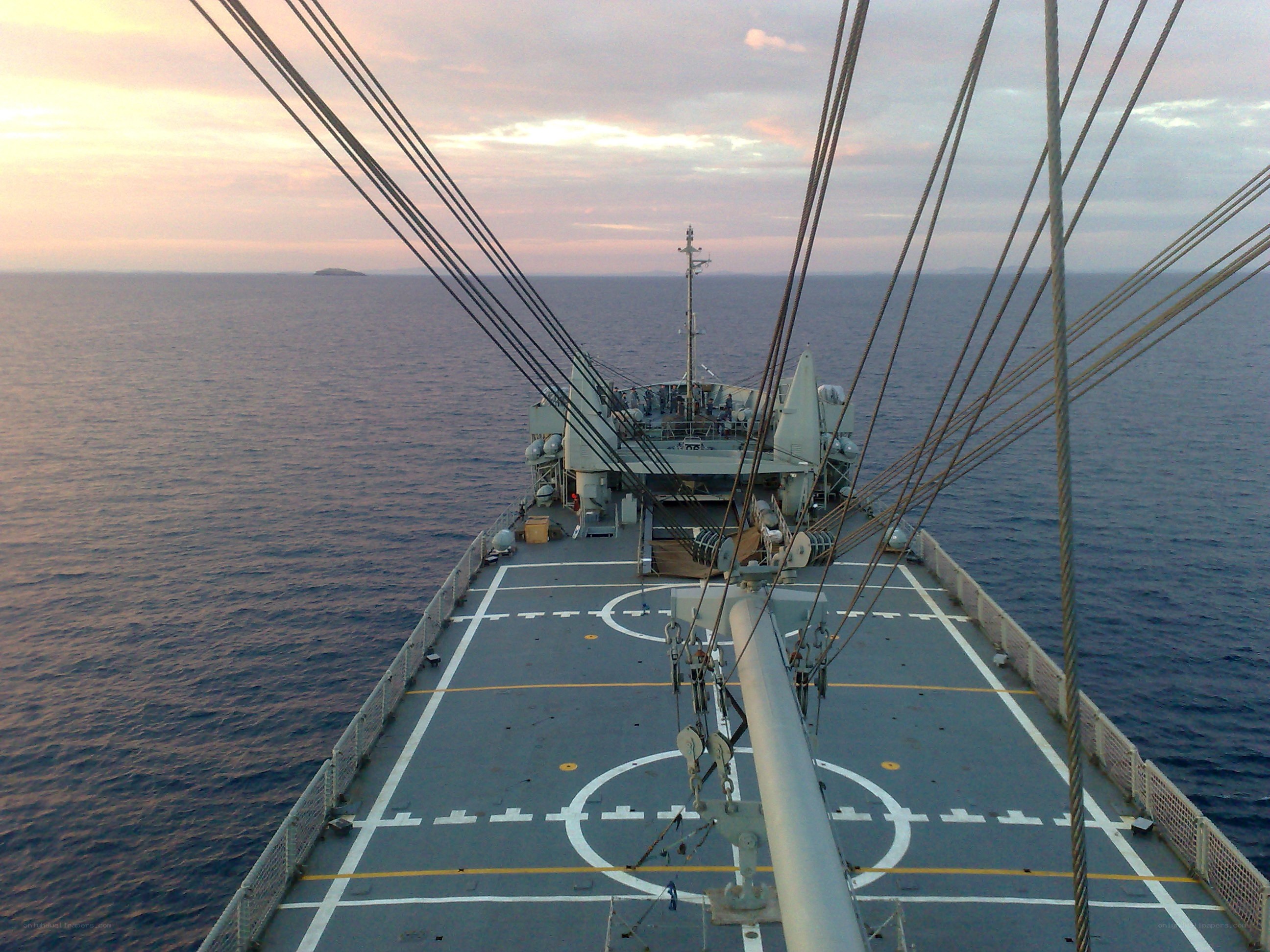 ship deck at sunset