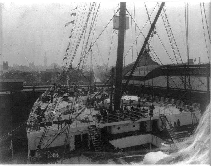 Ship deck with city skyline