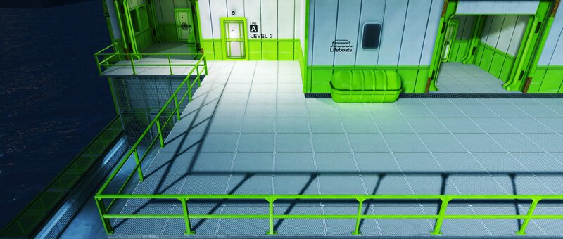 ship deck with lifeboats