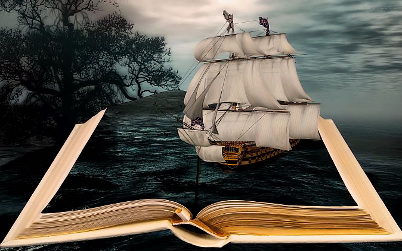 ship emerging from book