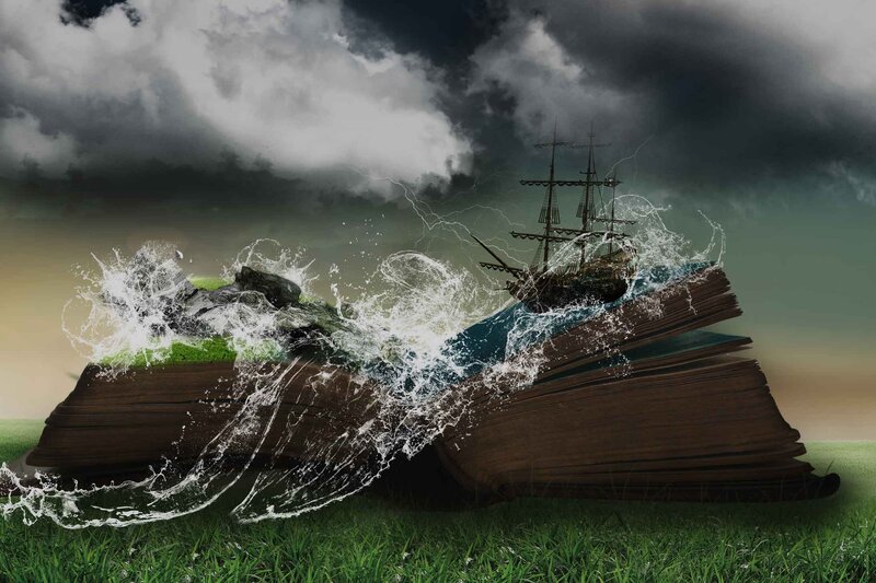 Ship Emerging from Book — Green