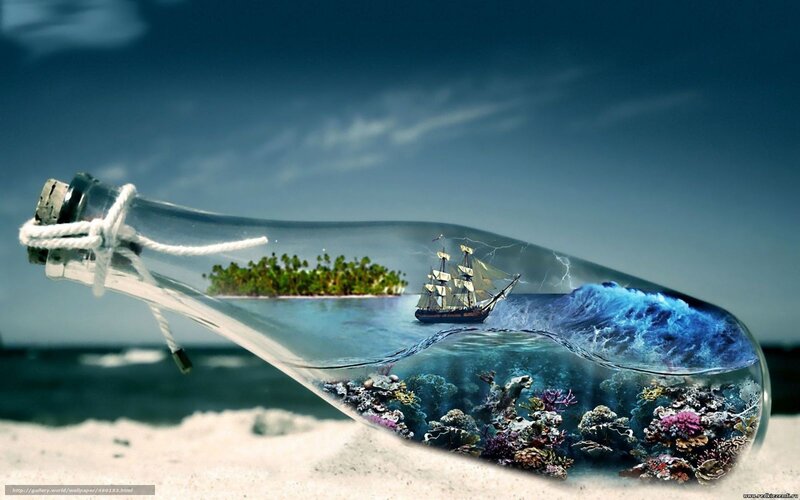 Ship in a Bottle — Blue, Dramatic, Digital Art, Island
