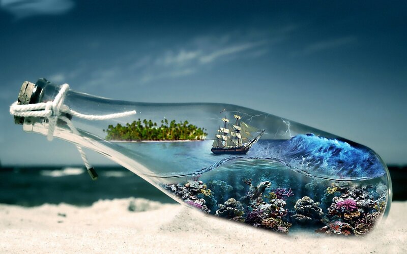 Ship in a Bottle — Blue, Dramatic, Digital Art