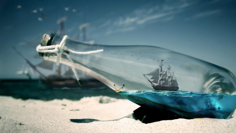Ship in a Bottle — Blue, Serene, Afternoon, Digital Art, Sailboat, Sand