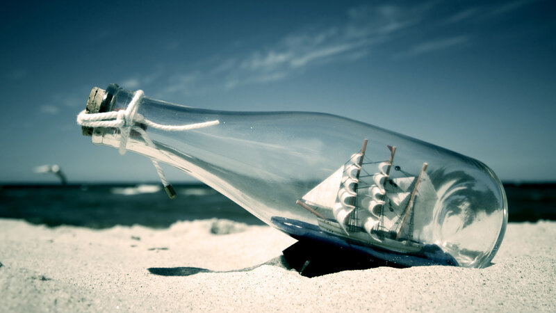 Ship in a Bottle — Blue, Serene, Afternoon, Photograph, Sand, Ocean, White