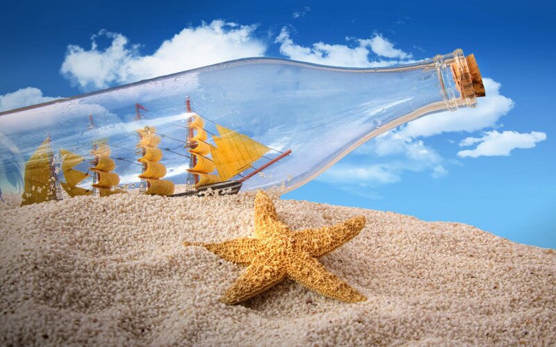 Ship in a Bottle — Blue, Serene, Afternoon, Photograph, Starfish, Sand, Sky, Clouds