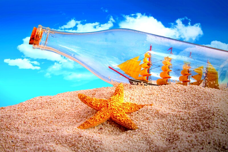 Ship in a Bottle — Blue, Serene, Afternoon, Photograph, Starfish, Sand, Sky