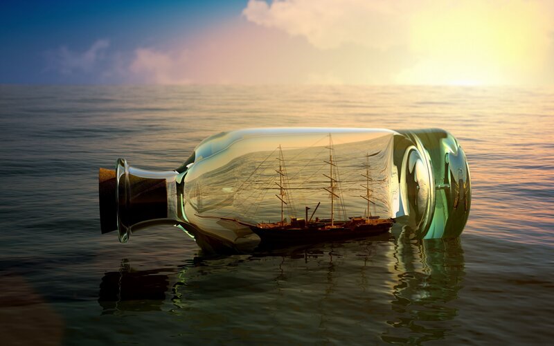 Ship in a Bottle — Blue, Serene, Sunset, 3d Render