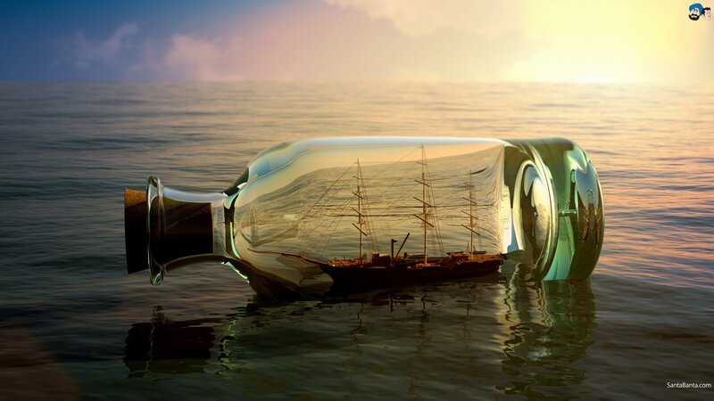 Ship in a Bottle — Blue, Serene, Sunset, Digital Art, Ocean