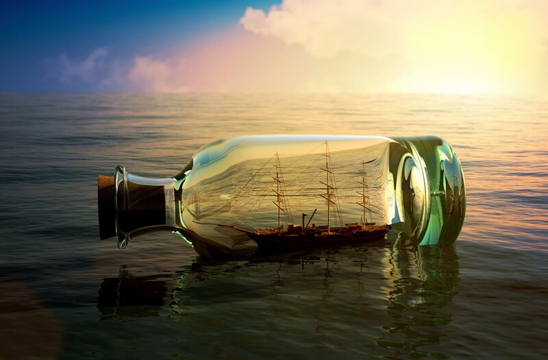 Ship in a Bottle — Blue, Serene, Sunset, Digital Art